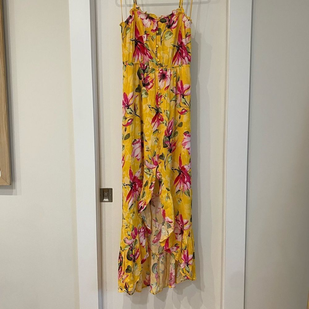 FLORAL Yellow Maxi Dress high low‎ ruffle empire waist small